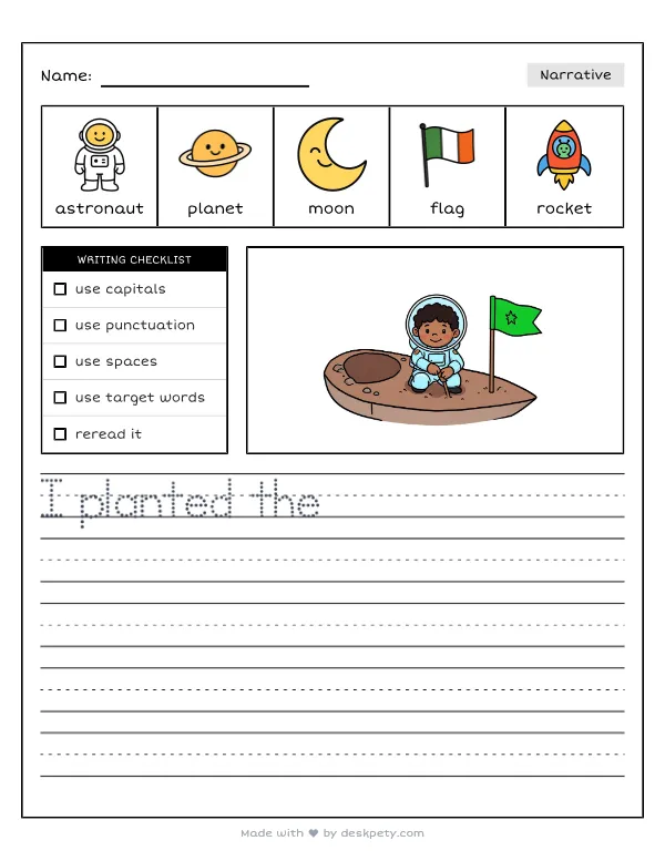 A young astronaut planting a small green flag on a crater-rimmed moon — real worksheet preview with word bank and writing lines
