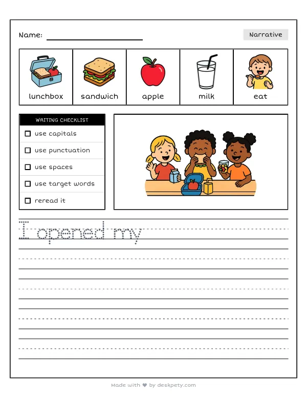 Eating a yummy packed lunch in the busy school cafeteria — real worksheet preview with word bank and writing lines