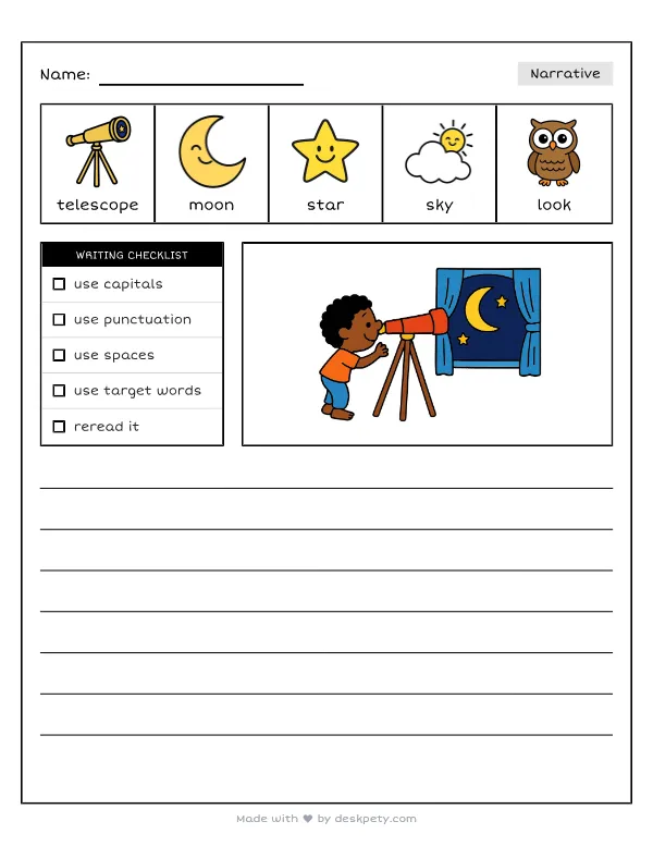 A telescope pointing at a crescent moon through a bedroom window — real worksheet preview with word bank and writing lines