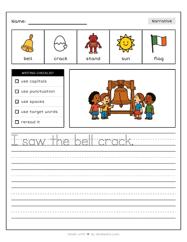 Free printable K-1 narrative writing prompt worksheet - The famous Liberty Bell has a crack and stands for with word bank and handwriting lines