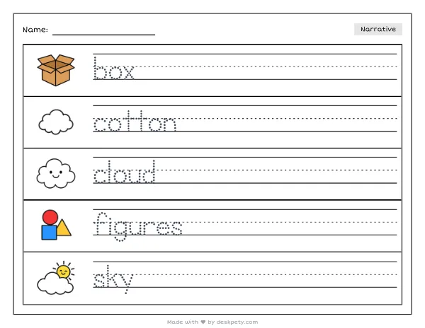 A shoebox diorama with tiny figures and a cotton-ball cloud — real worksheet preview with word bank and writing lines