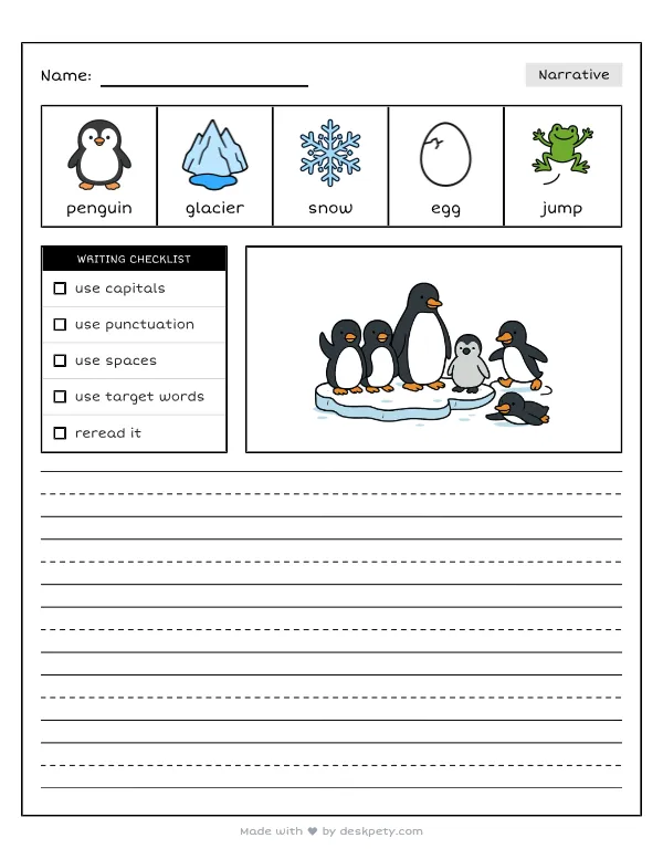 A waddle of penguins standing together on an Antarctic glacier — real worksheet preview with word bank and writing lines