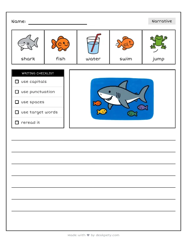 A great white shark swimming deep in the blue ocean water — real worksheet preview with word bank and writing lines
