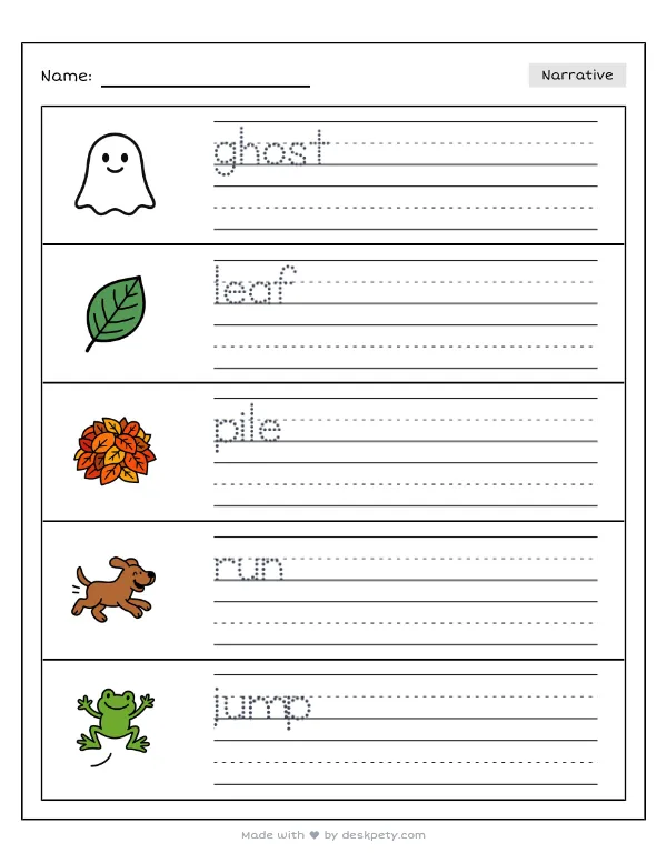 A pile of colorful autumn leaves shaped like a giant ghost — real worksheet preview with word bank and writing lines