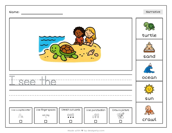 A turtle crossing a sandy beach toward the ocean — real worksheet preview with word bank and writing lines