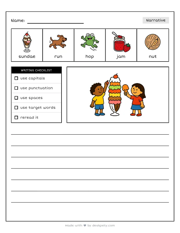 Free printable K-1 narrative writing prompt worksheet - Building the tallest ice cream sundae with sweet with word bank and handwriting lines