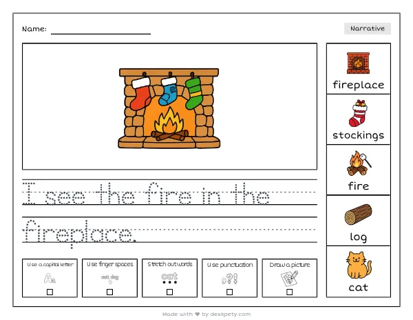 A cozy fireplace with stockings hung by the mantel — real worksheet preview with word bank and writing lines