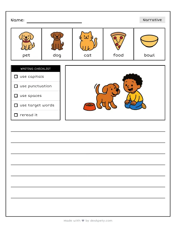 Free printable K-1 narrative writing prompt worksheet - Having a sweet pet at home teaches me to with word bank and handwriting lines