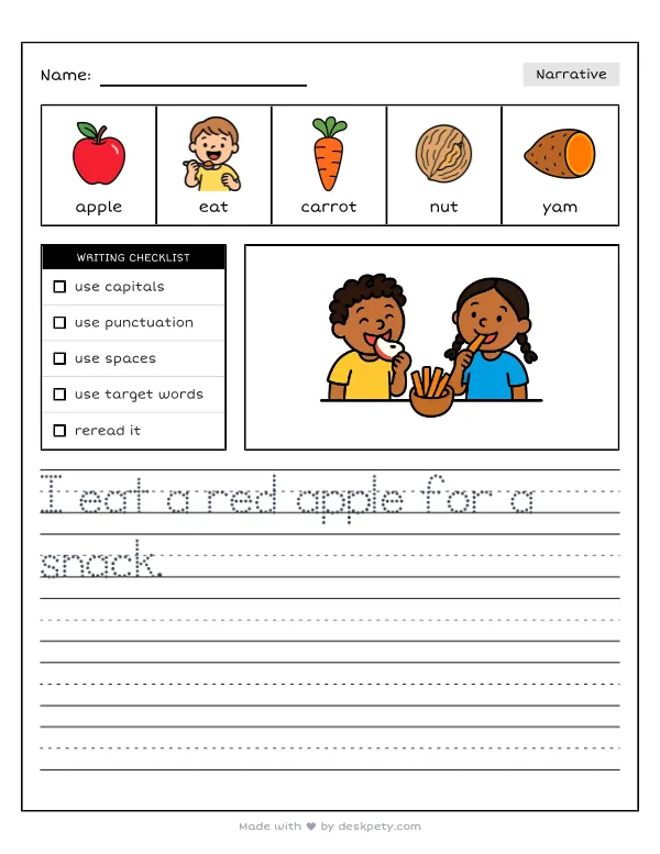 Free printable K-1 narrative writing prompt worksheet - Healthy crunchy snacks that protect my teeth are with word bank and handwriting lines