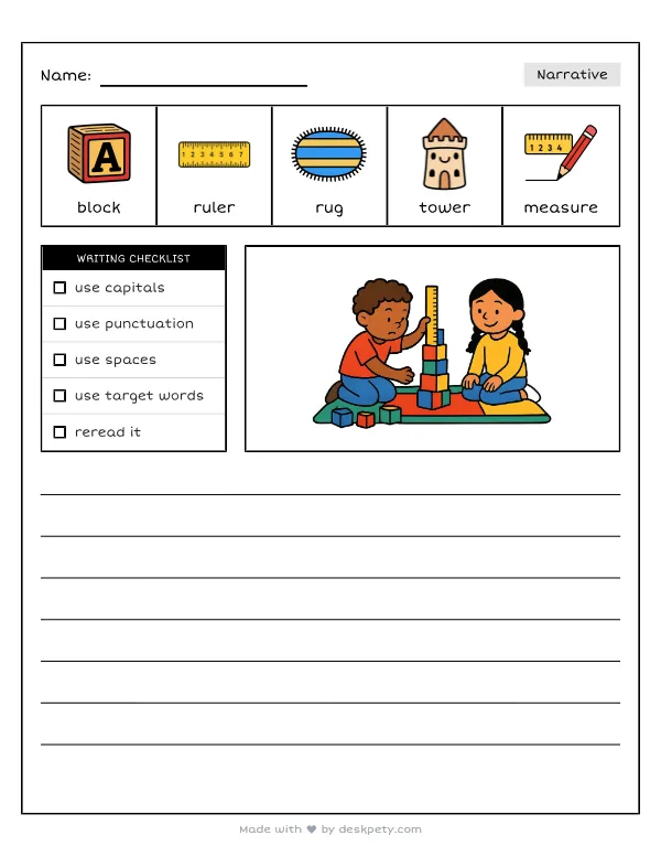 Measuring a wobbly tower of building blocks on a new classroom rug — real worksheet preview with word bank and writing lines