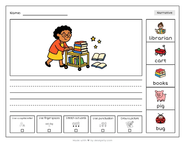 A librarian pushing a cart stacked with colorful picture books — real worksheet preview with word bank and writing lines