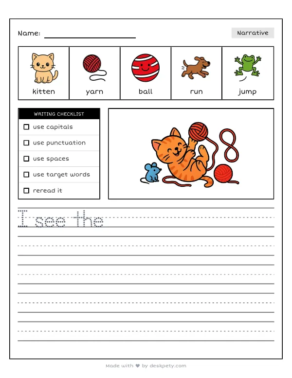 Free printable K-1 narrative writing prompt worksheet - A soft furry kitten likes to play with with word bank and handwriting lines
