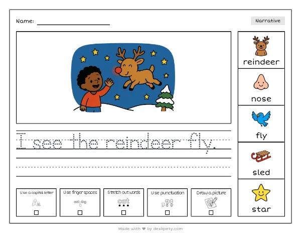 A reindeer with a glowing red nose — real worksheet preview with word bank and writing lines