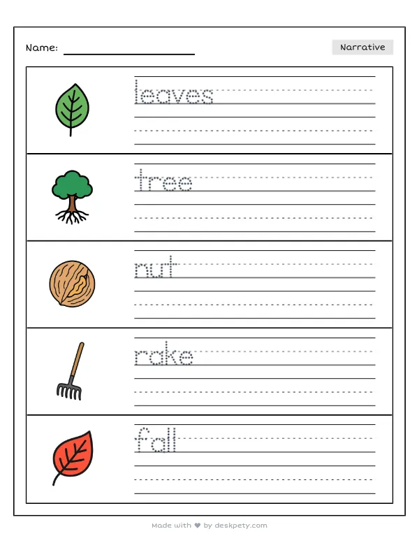 Colorful autumn leaves falling from the tall trees — real worksheet preview with word bank and writing lines