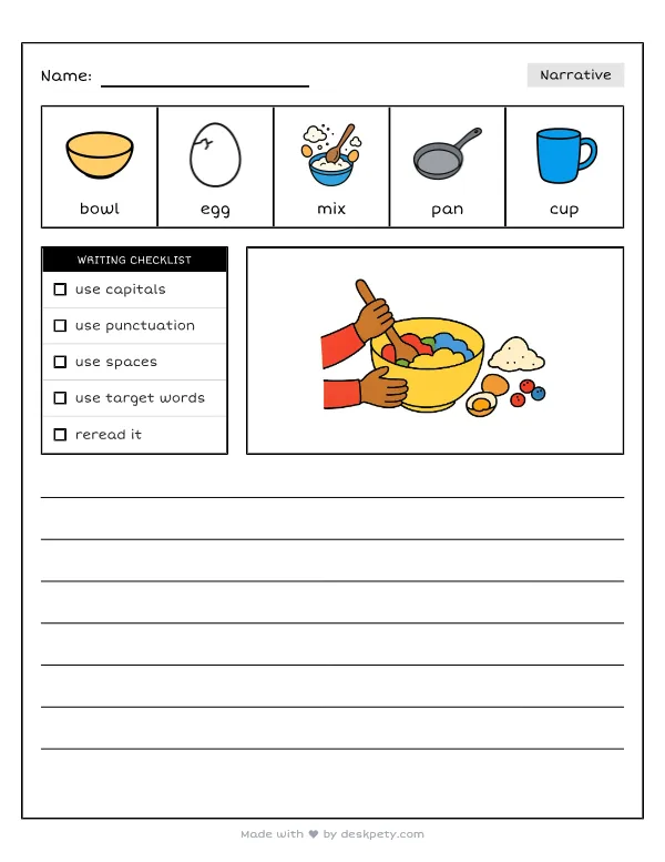 Free printable K-1 narrative writing prompt worksheet - Mixing delicious ingredients together in a big bowl with word bank and handwriting lines