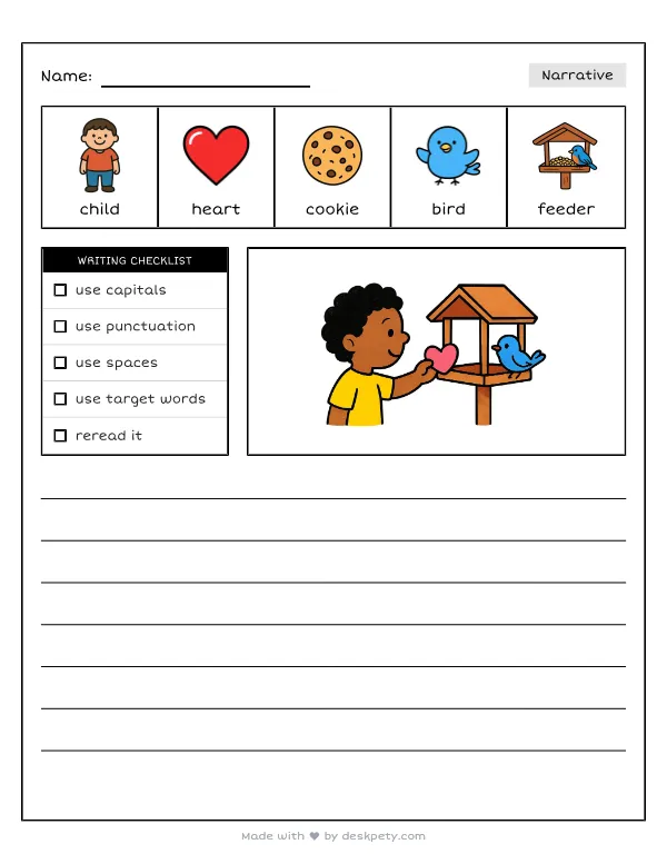 A child placing a heart-shaped cookie on a bird feeder — real worksheet preview with word bank and writing lines