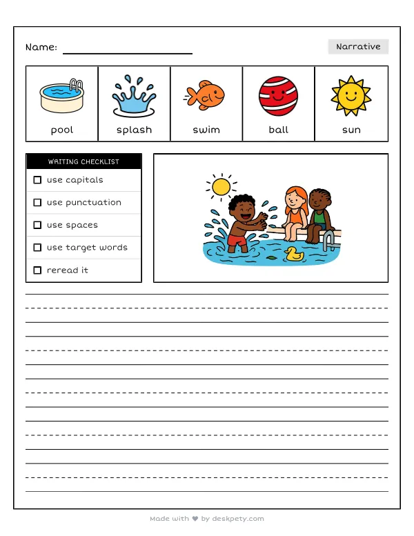 Splashing and swimming in the neighborhood pool — real worksheet preview with word bank and writing lines