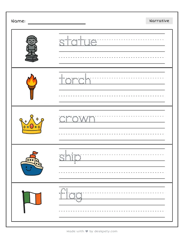 Free printable K-1 narrative writing prompt worksheet - The tall Statue of Liberty welcomes people with her with word bank and handwriting lines