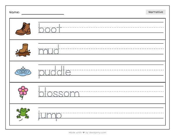 Free printable Kindergarten write and draw worksheet - a child’s muddy boot beside a puddle reflecting pink blossoms tracing sentence and coloring page (page 1 of 4)
