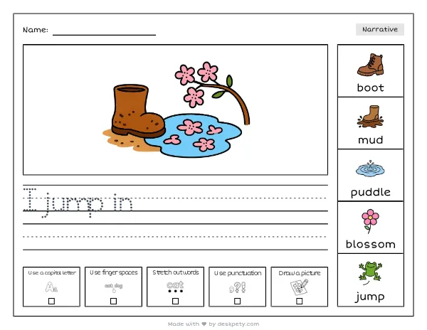 a child’s muddy boot beside a puddle reflecting pink blossoms — real worksheet preview with word bank and writing lines
