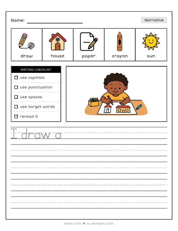 A child drawing a picture of two different houses on one paper — real worksheet preview with word bank and writing lines