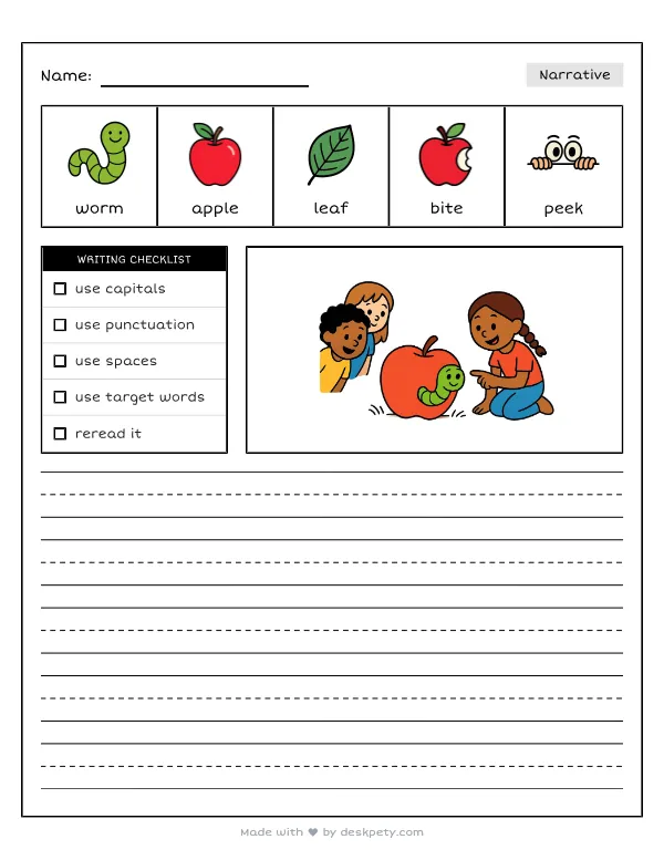 A green worm poking its funny head out of a fallen apple — real worksheet preview with word bank and writing lines