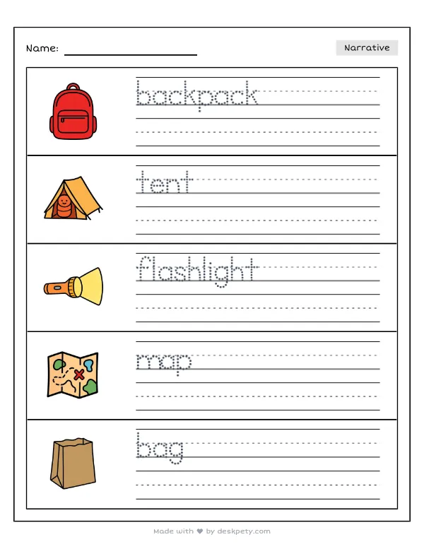 Free printable K-1 narrative writing prompt worksheet - In my camping backpack I packed a with word bank and handwriting lines