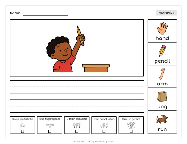 A child’s hand raising high with a sharpened pencil — real worksheet preview with word bank and writing lines