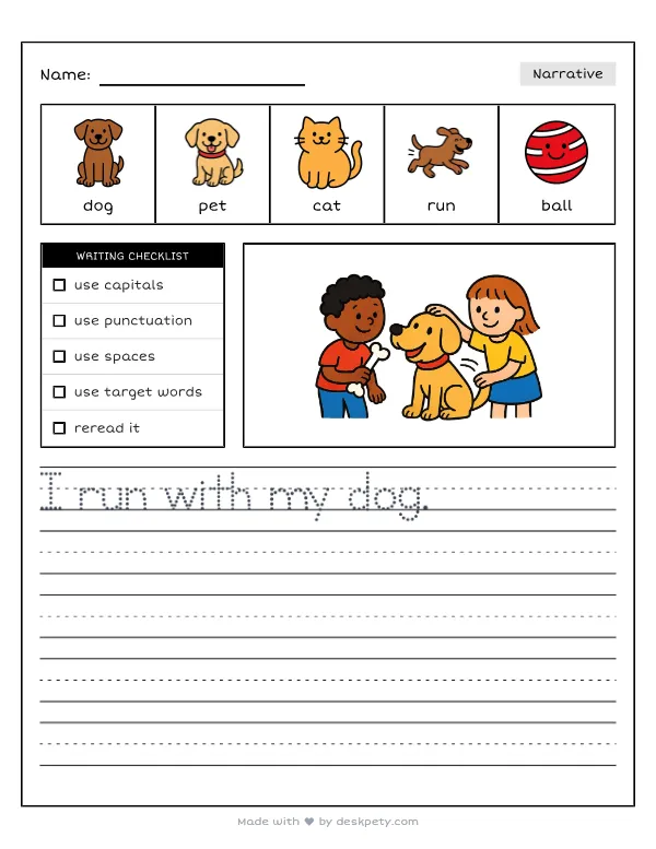 Free printable K-1 narrative writing prompt worksheet - My favorite pet animal to love is a with word bank and handwriting lines