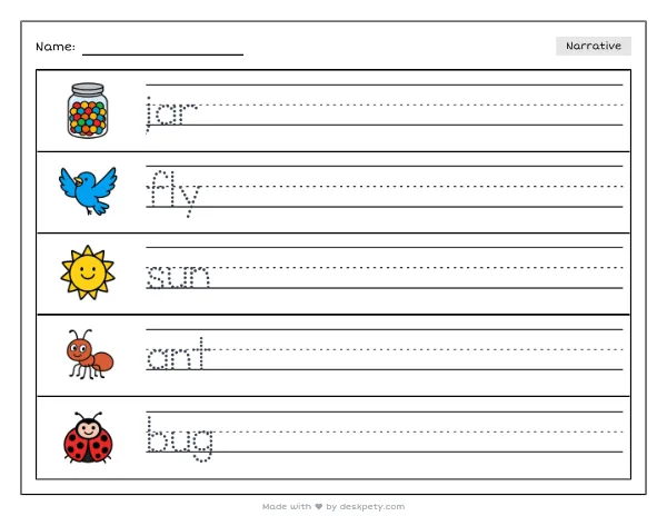 Free printable Kindergarten write and draw worksheet - A glowing firefly jar on a picnic table tracing sentence and coloring page (page 1 of 4)