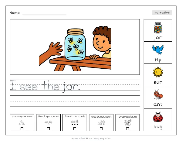 A glowing firefly jar on a picnic table — real worksheet preview with word bank and writing lines