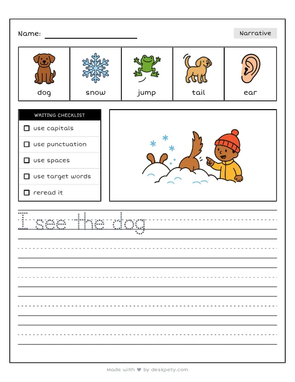 A dog bounding through deep snow with only its tail and ears visible — real worksheet preview with word bank and writing lines