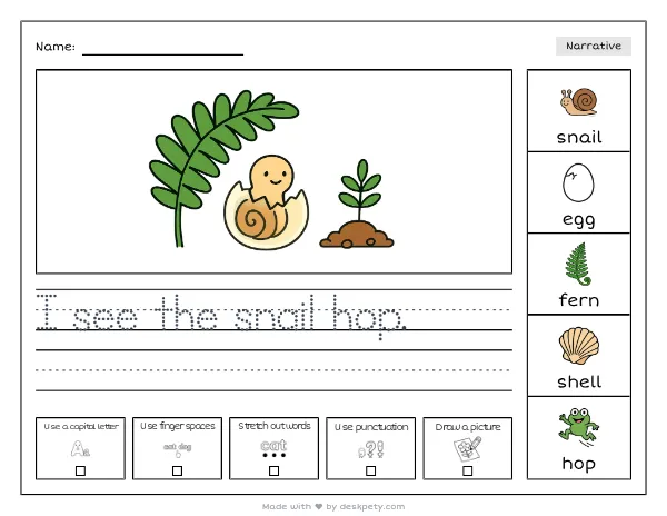 A snail hatching from a translucent egg under a fern — real worksheet preview with word bank and writing lines