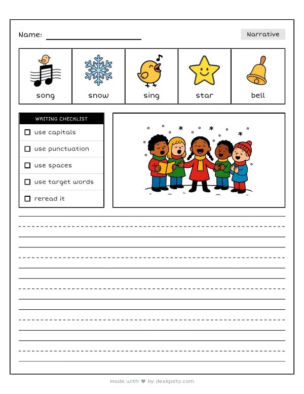 Singing festive Christmas carols out in the snowy street — real worksheet preview with word bank and writing lines