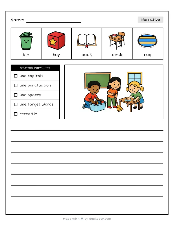 Working as a team to clean up the classroom at the end of the day — real worksheet preview with word bank and writing lines