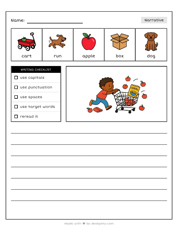 Steering a runaway shopping cart down a giant grocery aisle — real worksheet preview with word bank and writing lines