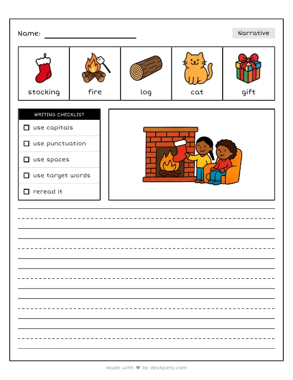 Red stockings hung carefully by the warm fireplace — real worksheet preview with word bank and writing lines