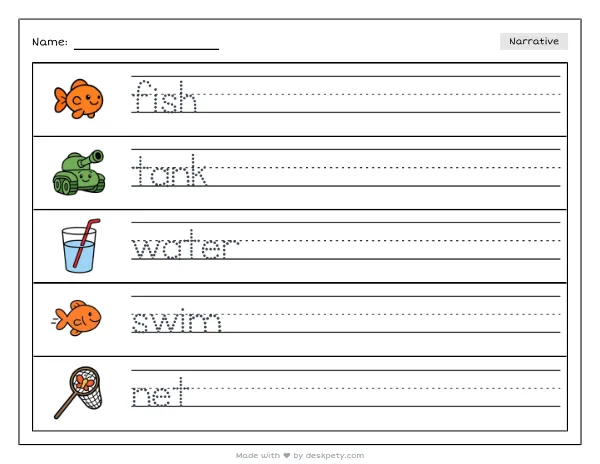 A class pet fish swimming in a decorated tank — real worksheet preview with word bank and writing lines