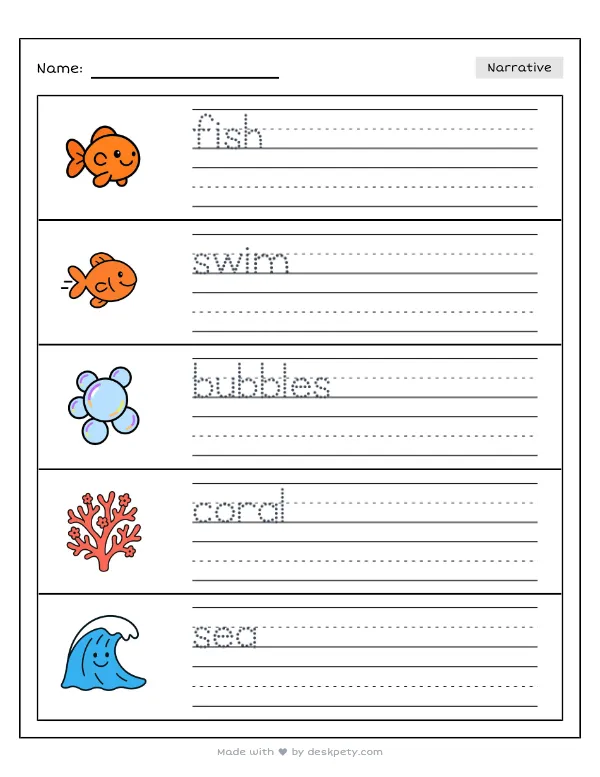 If I could breathe underwater and live at the bottom of the sea — real worksheet preview with word bank and writing lines