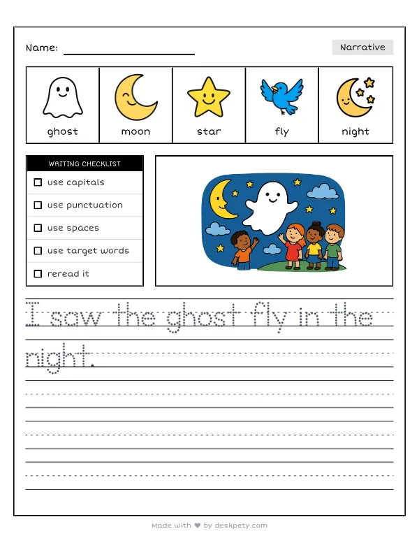 A friendly white ghost floating through the night sky — real worksheet preview with word bank and writing lines