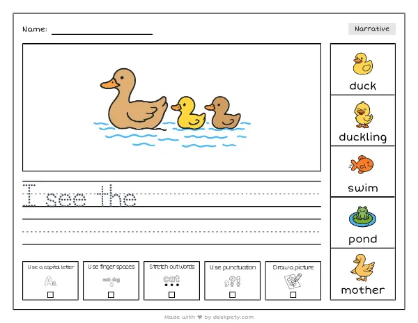 two ducklings following their mother across a rippling pond — real worksheet preview with word bank and writing lines