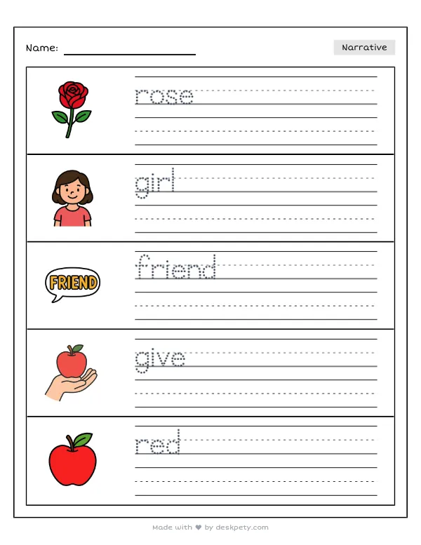 Preview of the giving a beautiful red rose to a best friend writing worksheet — word bank, tracing lines and checklist (page 1 of 5)