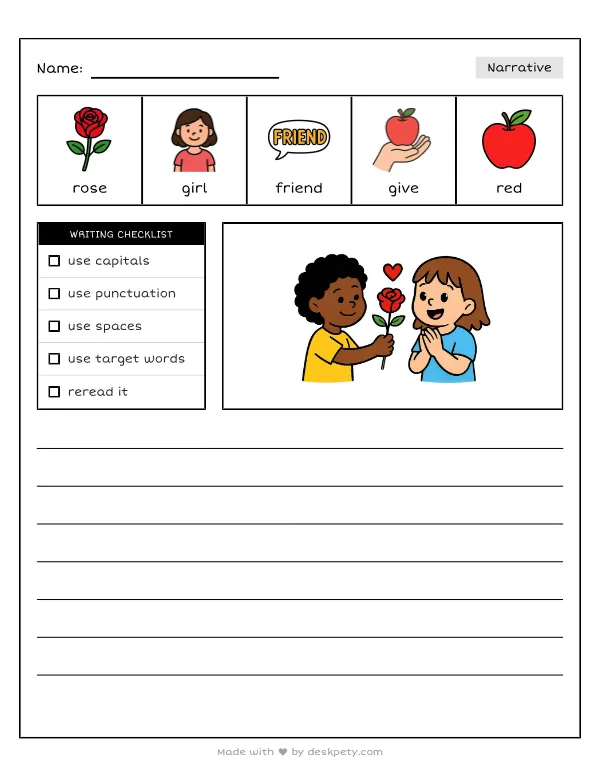 Giving a beautiful red rose to a best friend — real worksheet preview with word bank and writing lines