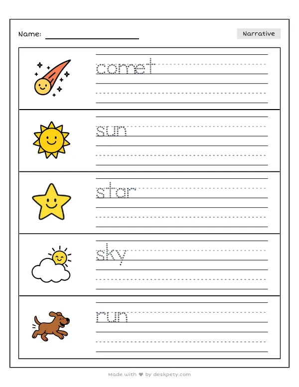 A comet landing in a field, leaving a trail of sparkles — real worksheet preview with word bank and writing lines