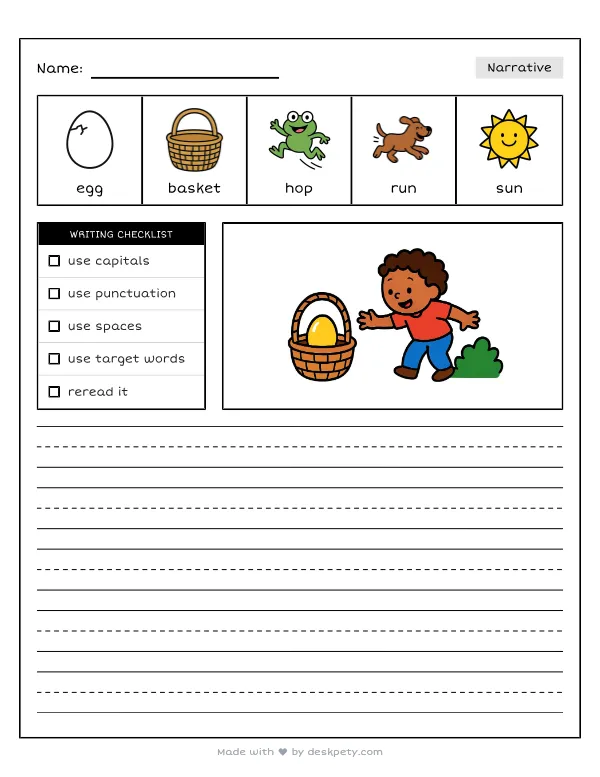Free printable K-1 narrative writing prompt worksheet - The golden prize egg was hidden behind the with word bank and handwriting lines