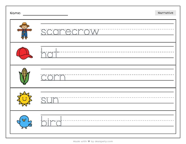 A scarecrow with a patched flannel shirt — real worksheet preview with word bank and writing lines
