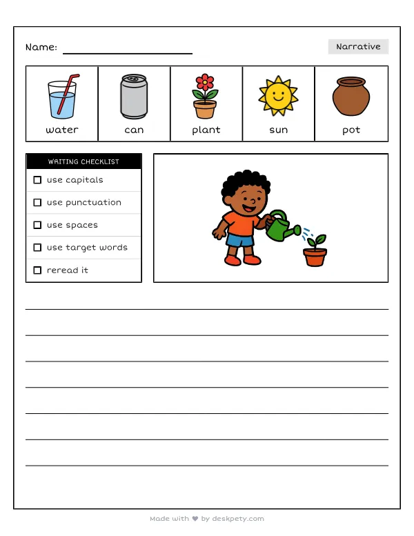 Free printable K-1 narrative writing prompt worksheet - Using my green watering can I water the with word bank and handwriting lines