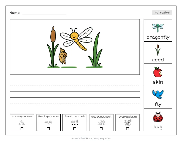 A dragonfly hovering above a reed as its old skin splits — real worksheet preview with word bank and writing lines