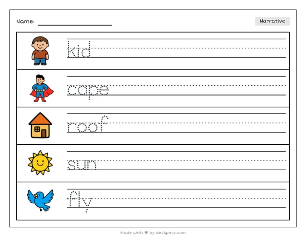 A kid with a red cape standing on a rooftop at sunset — real worksheet preview with word bank and writing lines