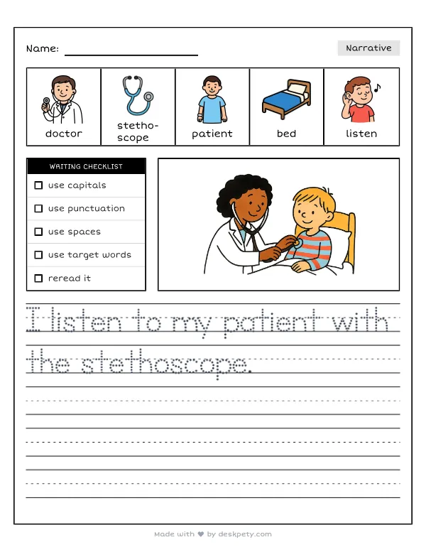A caring doctor using a stethoscope to check a sick patient — real worksheet preview with word bank and writing lines